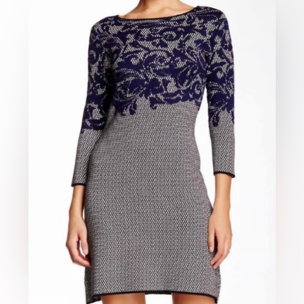 Taylor Navy, Black, Ivory Pattern Sweater Dress Size Medium